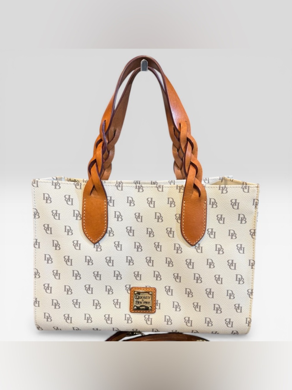 Dooney & Bourke Blakely Gia Signature Satchel Braided Leather Handles Cream Gray
